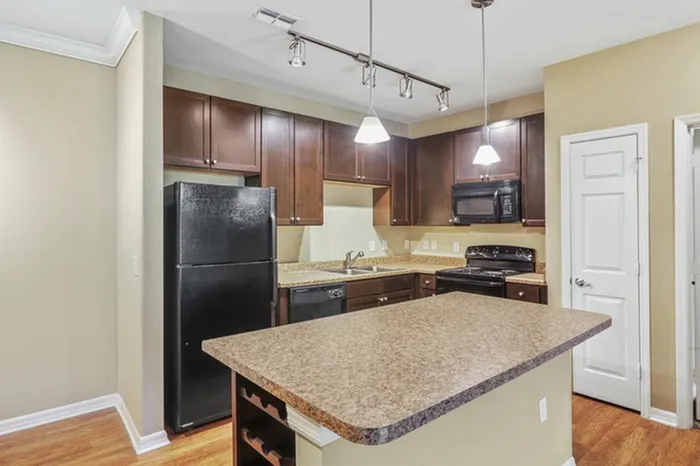 Image of a kitchen with black-on-black appliances, a kitchen bar, 9-foor ceilings, and a wine rack at Lantower Cypress Creek.