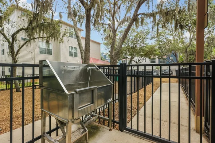 Image of Lantower Cypress Creek's outdoor Pet Spa with a professional grooming faucet.