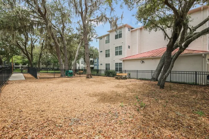 Image of Lantower Cypress Creek's Pet Park with plenty of running space, trees, and a bench.