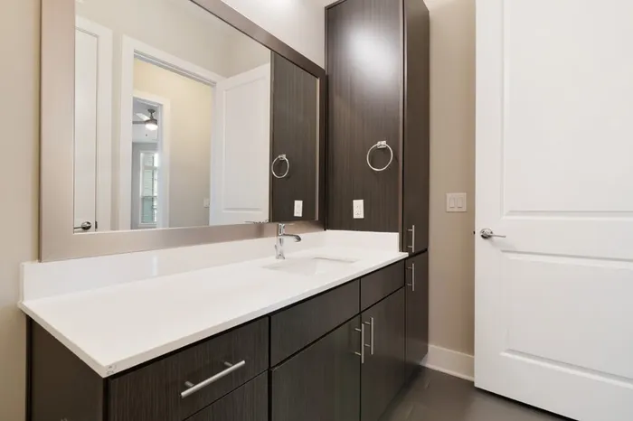 Modern bathroom with dark-colored cabinetry, quartz countertops, 10-12-foot ceilings, and silver hardware at Bullhouse