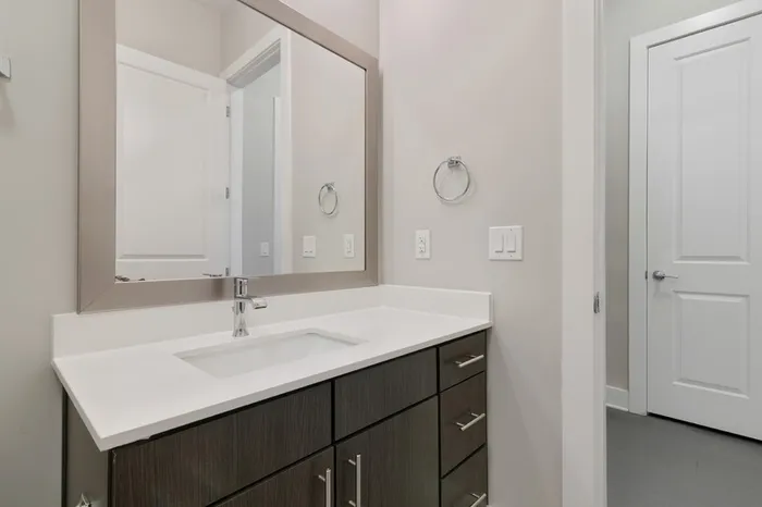 Modern bathroom with dark-colored cabinetry, quartz countertops, 10-12 foot ceilings, and silver hardware at Bullhouse
