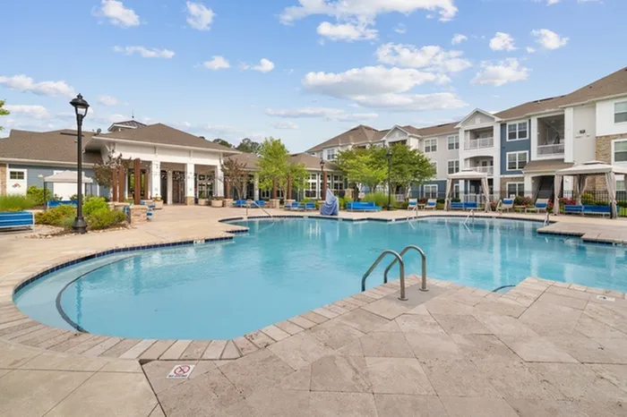 Resort-Style Saltwater Pool Area with Sun Shelf at Realm at Patterson Place Apartments.