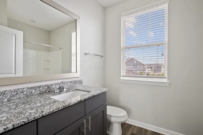 Bathroom at Lantower Garrison park with natural sunlight, granite countertops, and wood-style flooring.