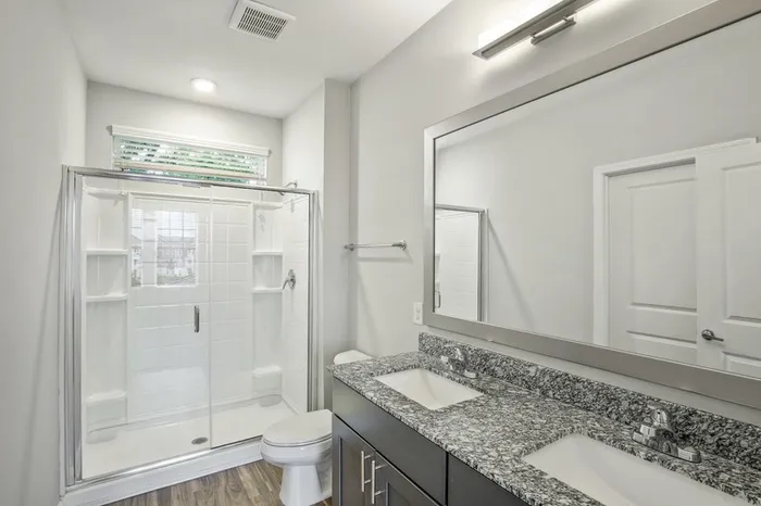 Bathroom at Lantower Garrison park with natural sunlight, granite countertops, a walk-in shower and wood-style flooring.