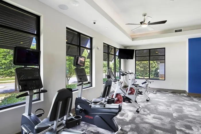 Fully equipped fitness center with free weights, cardio machines, and display monitors at Lantower Waverly Apartments.