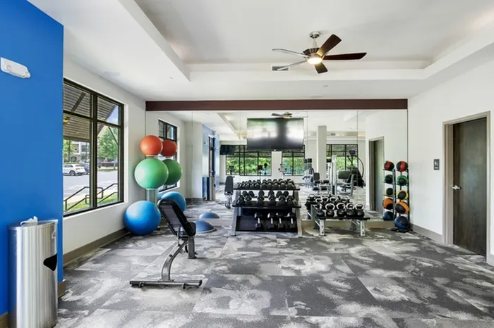 Fully equipped fitness center with free weights, cardio machines, and display monitors at Lantower Waverly Apartments.