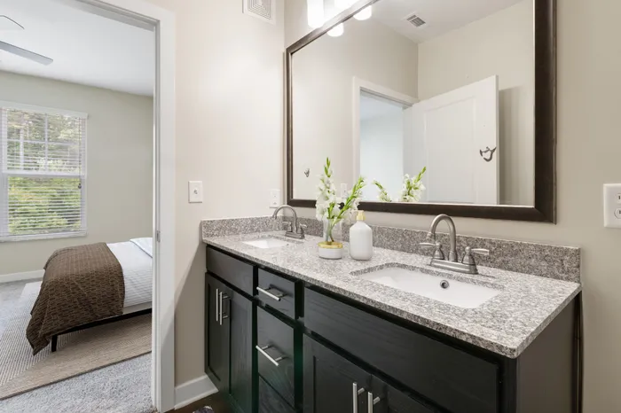 Bathroom with grey, granite countertops, dark-colored cabinetry and simple countertop decorations at Realm at Patterson Place.