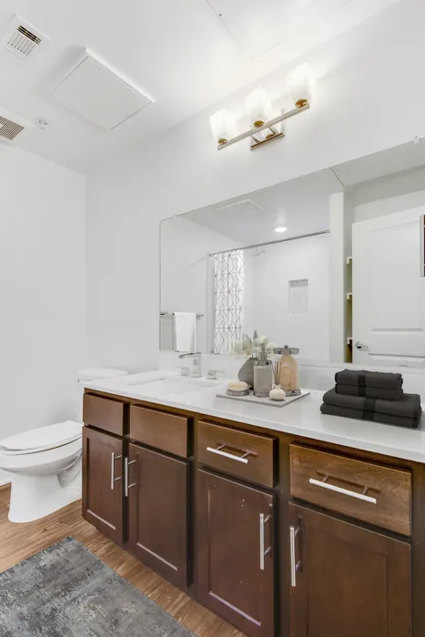 Modern bathroom with wood style flooring, wood style cabinets, bright lighting and a large mirror at Lantower Ambrosio.