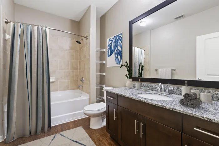 Bathroom with Luna Pearl granite countertops, wood-style plank floors, and soaking tub at Lantower Asturia decorated with a grey shower curtain and blue wall art.