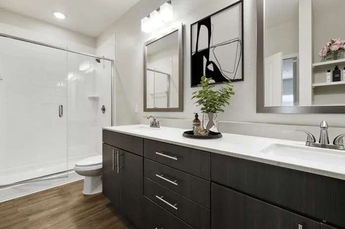 Modern, clean bathroom with dark-colored cabinetry, brushed nickel fixtures, Arctic Ice Quartz countertops, a walk-in, glass door shower and modern, simple brown decorations at Lantower Brandon Crossroads.
