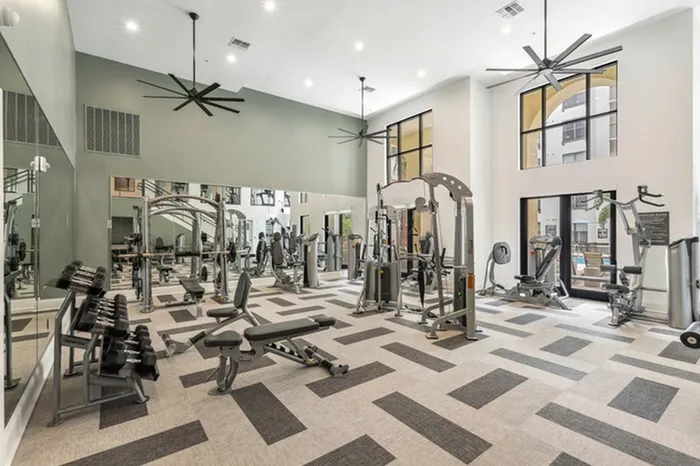 Spacious state-of-the-art fitness center with free weights, TRX, weight machines, and cardio equipment at Lantower Westshore.