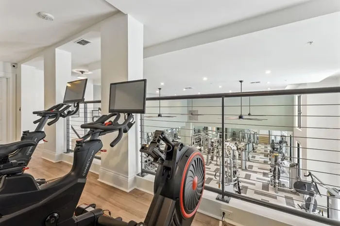 Spacious state-of-the-art fitness center with free weights, TRX, weight machines, and cardio equipment at Lantower Westshore.