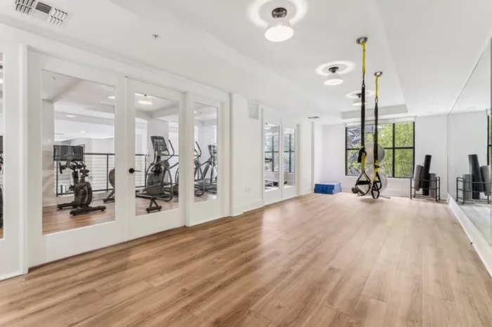 Spacious state-of-the-art fitness center with TRX bands, yoga mats, medicine balls, mirror walls, and cardio equipment at Lantower Westshore.