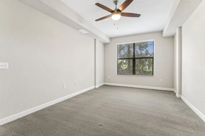 Spacious carpeted bedroom with ceiling fan and large window for ample natural light at Lantower Westshore.