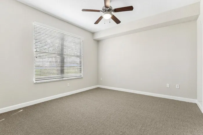 Spacious apartment bedroom with carpet, ceiling fan, and large window for natural light at Lantower Westshore.