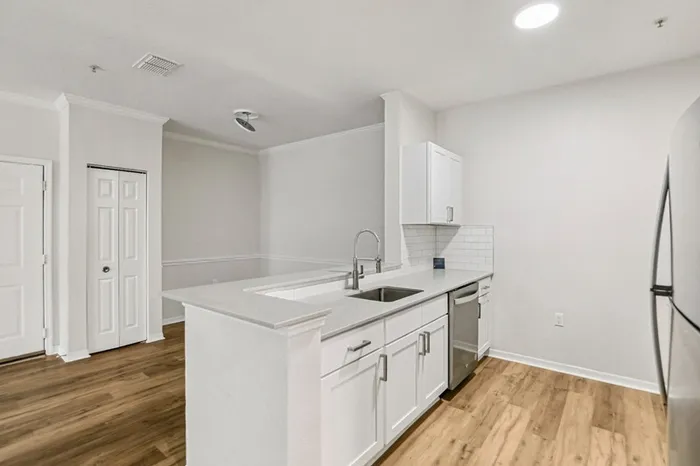 Open-concept kitchen at Lantower Tortuga Bay with white quartz counters, stainless steel appliances, white shaker-style cabinets, deep undermount sink, wood plank floors, and recessed lighting.