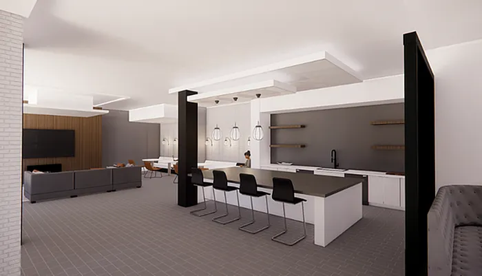 Clubhouse with lounge seating, mounted TV, and bar seating at Lantower Bullhouse.