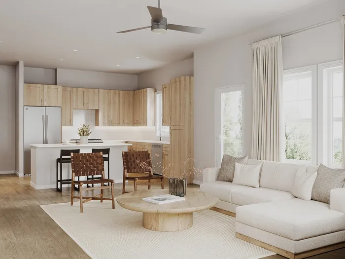 Contemporary open-plan living room and kitchen with elegant wooden cabinetry, sleek appliances, and cozy seating, inviting natural light through large windows.