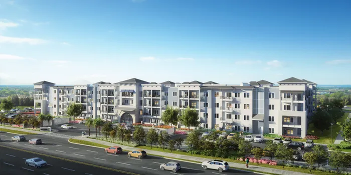 Elegant new apartment complex with modern architecture, surrounded by lush greenery and conveniently located near bustling streets.