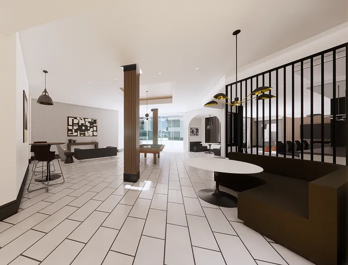 Modern communal living space with sleek tile flooring, contemporary furnishings, and stylish pendant lighting.