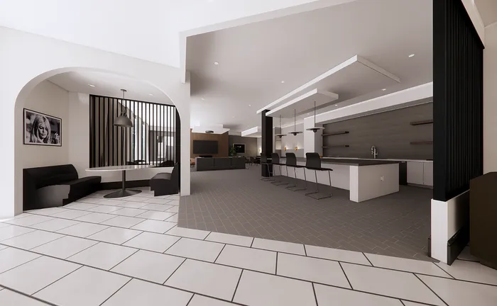 Elegant open-concept apartment featuring a modern kitchen with island seating, sophisticated lounge area, and cozy dining nook under stylish lighting.