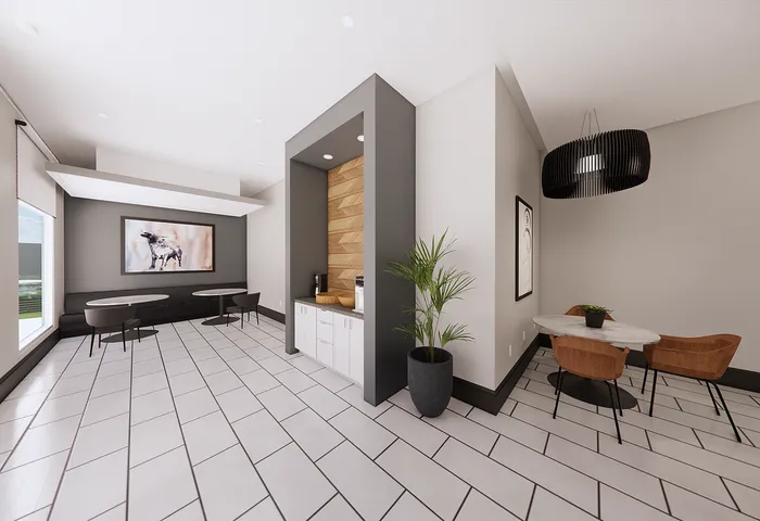 Modern apartment lounge with elegant seating, stylish artwork, and a cozy dining nook, perfect for relaxed urban living.