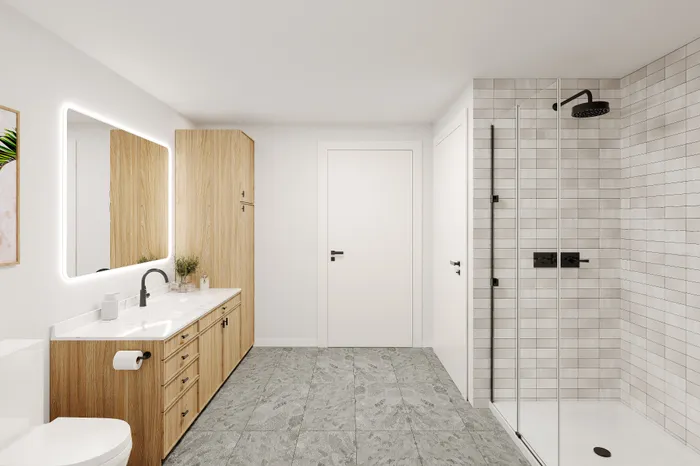 Modern bathroom with a sleek glass shower, elegant wood cabinetry, and illuminated mirror for a luxurious feel.