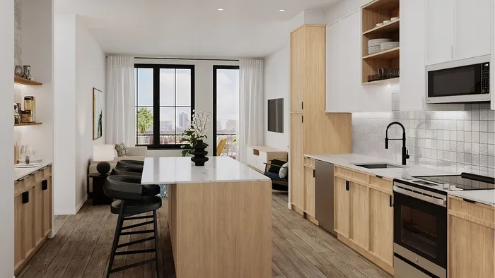Contemporary kitchen with sleek wooden cabinetry, modern appliances, and a bright, open layout ideal for entertaining.