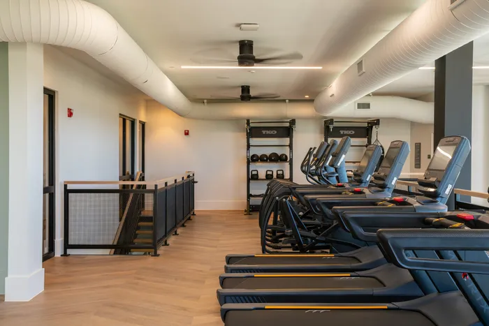 Modern fitness center featuring state-of-the-art treadmills, sleek design, and spacious layout.