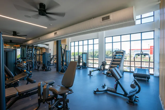 Modern fitness center featuring sleek exercise machines and large windows for natural light.
