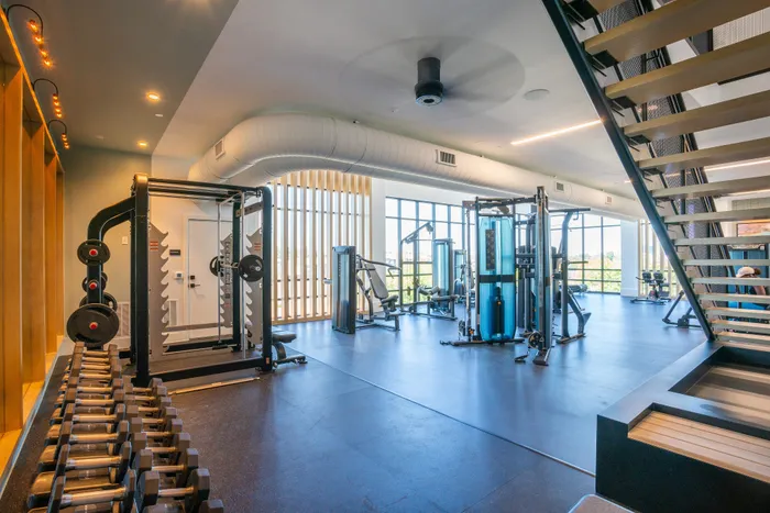 Modern, sunlit gym featuring premium fitness equipment, spacious layout, and contemporary design.