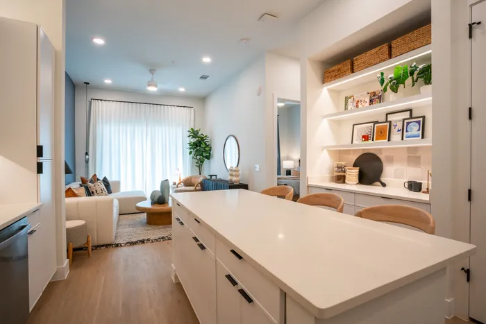 Bright and modern open-plan kitchen and living area with wooden flooring, elegant shelving, and stylish decor.