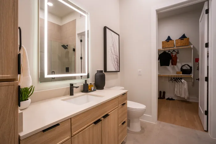 Chic modern bathroom featuring a sleek vanity with illuminated mirror, elegant decor, and a spacious walk-in closet.