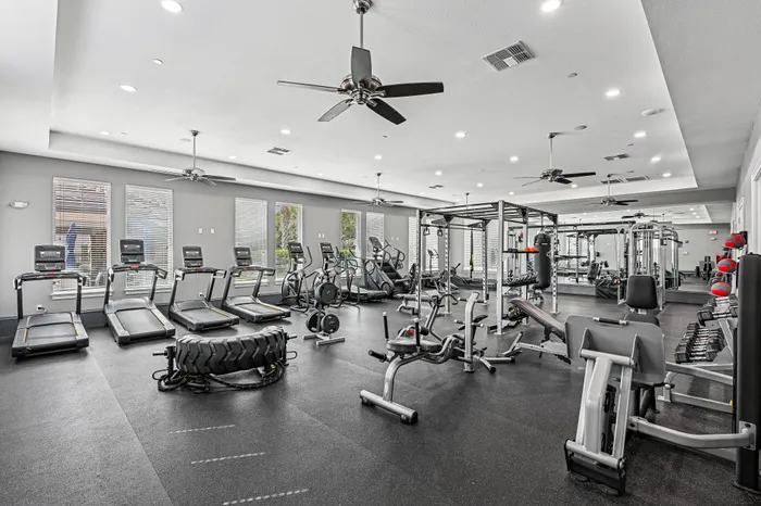 Modern fitness center equipped with state-of-the-art treadmills, strength training machines, and ample natural light, ideal for an invigorating workout.