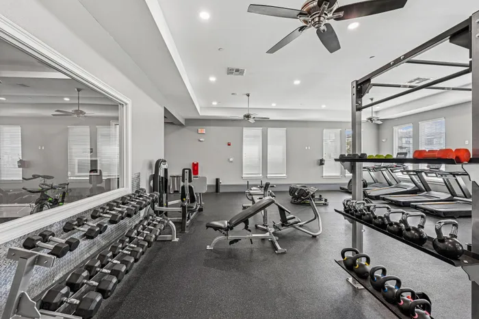 Bright and modern gym space with state-of-the-art equipment, including dumbbells, kettlebells, and treadmills, designed for an invigorating workout experience.