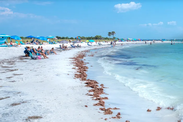 Serene beachfront scene with soft white sand, clear blue water, and people relaxing under vibrant umbrellas.
