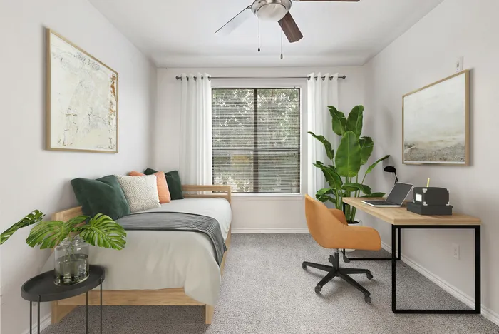 Bright, modern bedroom with a cozy daybed, vibrant throw pillows, and a stylish corner desk by a sunlit window, perfect for productivity and relaxation.