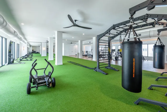 Spacious and modern fitness center with professional equipment, green turf flooring, and abundant natural light.