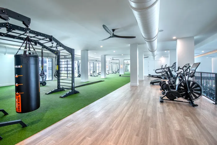 Modern apartment gym featuring state-of-the-art exercise equipment, sleek wooden flooring, and ample natural light.