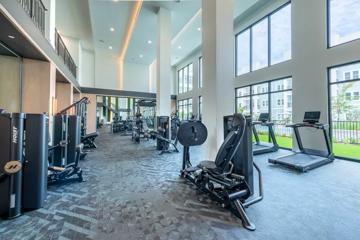 Modern, spacious gym with state-of-the-art equipment, large windows, and natural light creating an inviting workout environment.