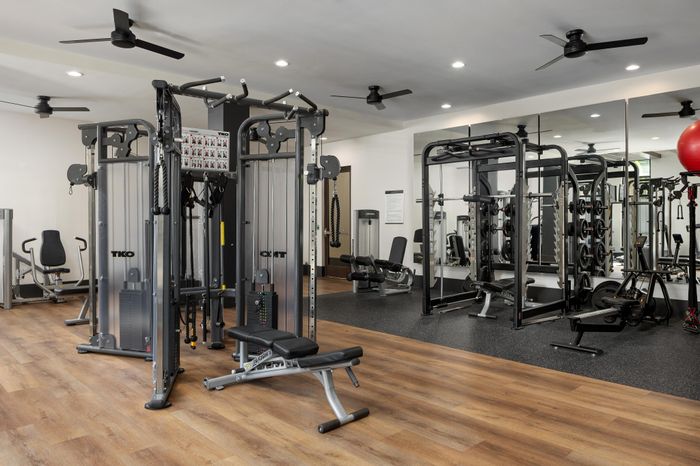 Modern fitness center featuring advanced exercise equipment, mirrored walls, and sleek wooden flooring.