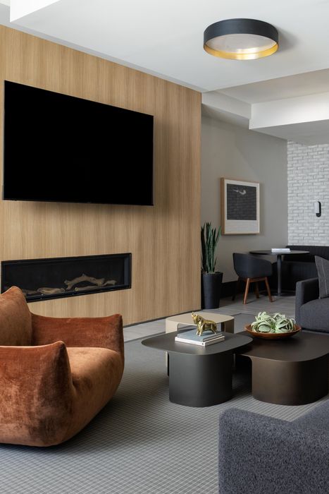Modern living room with elegant decor, cozy fireplace, plush armchair, and stylish coffee table. Ideal for relaxation and entertaining.