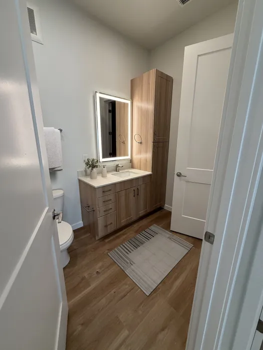 Modern bathroom with elegant wooden cabinetry, sleek vanity with illuminated mirror, and stylish wood flooring.