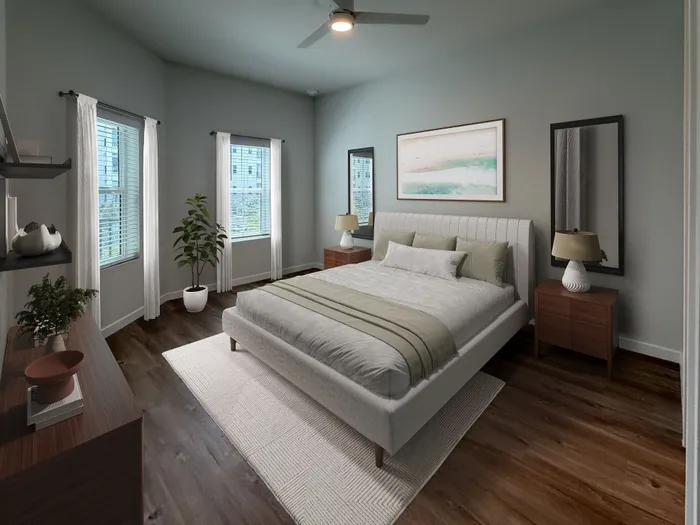 Elegant bedroom with modern decor, featuring a plush bed, sleek hardwood floors, and abundant natural light from large windows.
