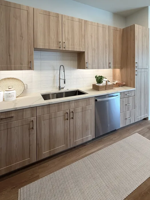 Modern kitchen with sleek wooden cabinetry, stainless steel appliances, and elegant backsplash, offering a bright and inviting atmosphere.