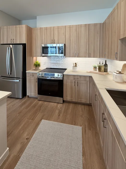 Modern kitchen with sleek stainless steel appliances, warm wood cabinetry, and stylish backsplash, offering a bright and inviting space.