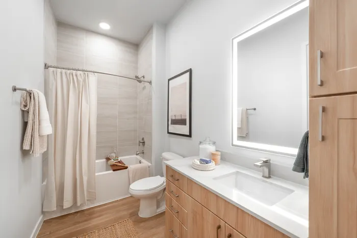 Elegant modern bathroom featuring a sleek vanity with illuminated mirror, luxurious bathtub with tiles, and warm wooden accents.