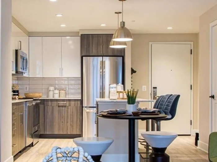 Designer Kitchen with Quartz Counter Tops, Stainless Steel Appliances and Wood-Style Flooring