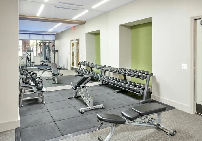 Free Weight Area of Our Newly Renovated Fitness Center | Meridian at Ballston Commons | Luxury Arlington VA Apartments