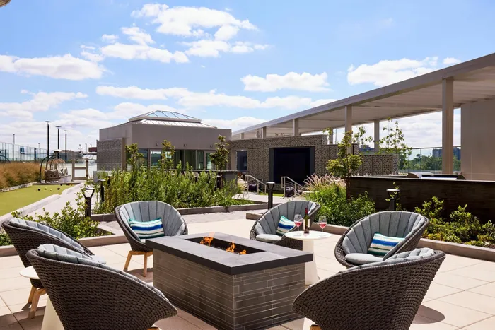Plaza Seating Area With Fire Pit and Fire Place | Meridian 2250 at Eisenhower Station | Luxury Alexandria VA Apartments